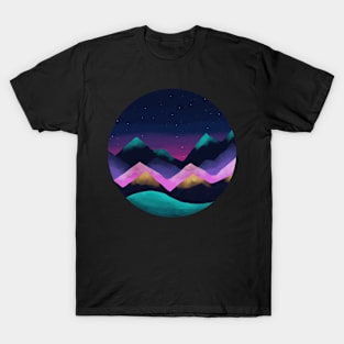 Navy Blue, Teal, Pink & Gold Watercolour Style Mountain Scene at Sunset T-Shirt